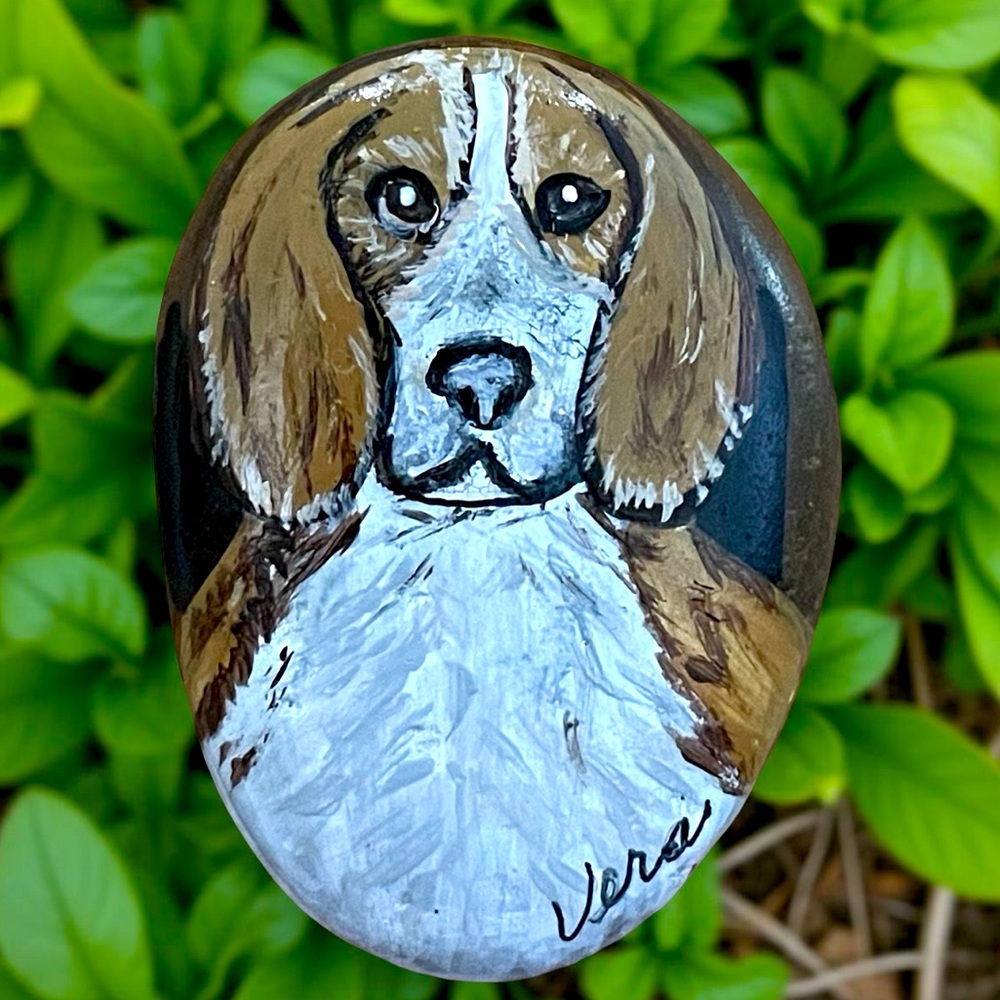 Hand crafted painted dog on black rock brown tan white puppy 2x2 inches approx